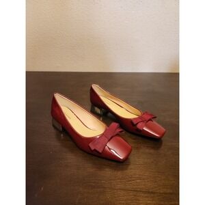 C. Paravano Red Patent Leather Bow Square Toe Block Heel Pumps Size 38‎ / US 8